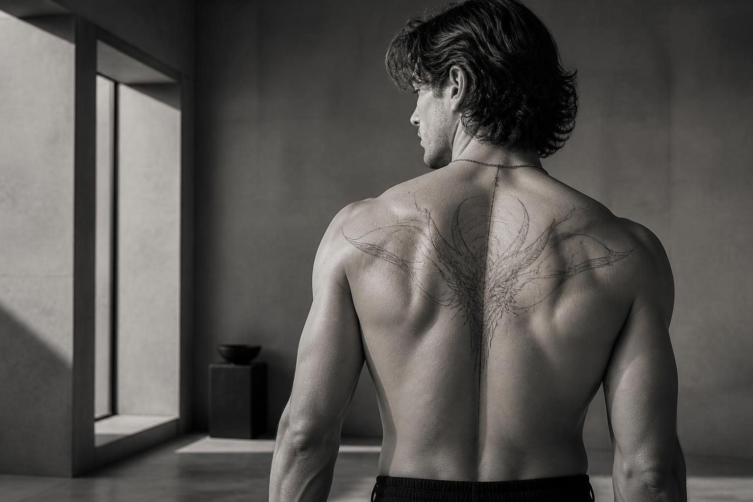 Close-up of a fine-line semi-permanent tattoo on a shoulder