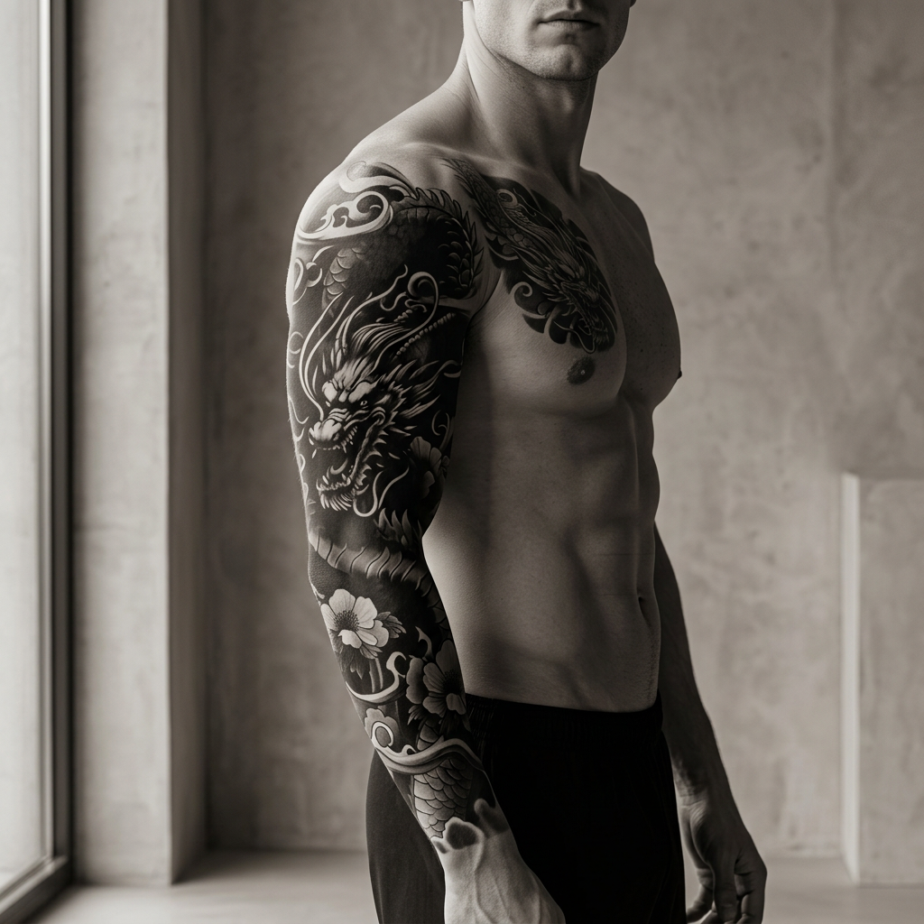 Dragon Sleeve semi-permanent tattoo shown on skin